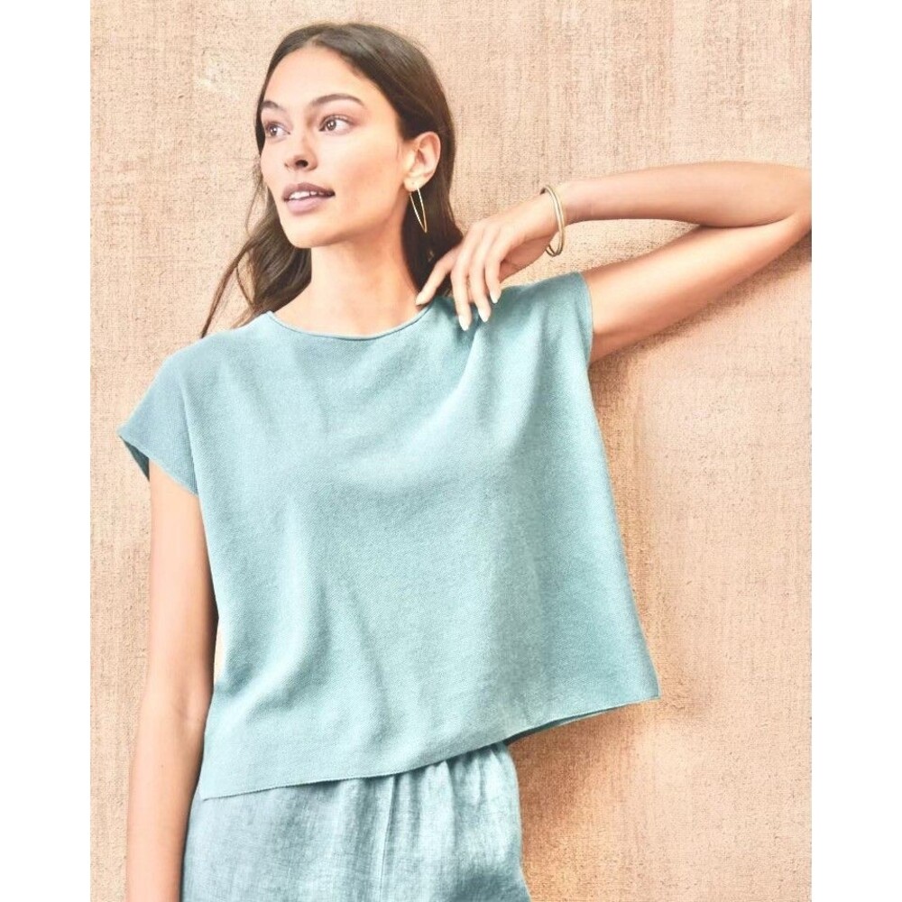 Eileen Fisher Womens Large Organic Cotton Linen Top Boxy Crewneck Coastal Blue
